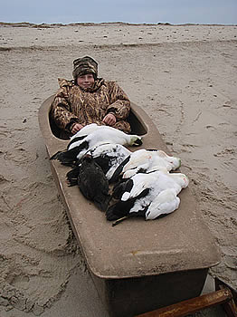 Peter, aged 12, with a limit of eiders and a scoter Peter, aged 12, with a limit of eiders and a scoter